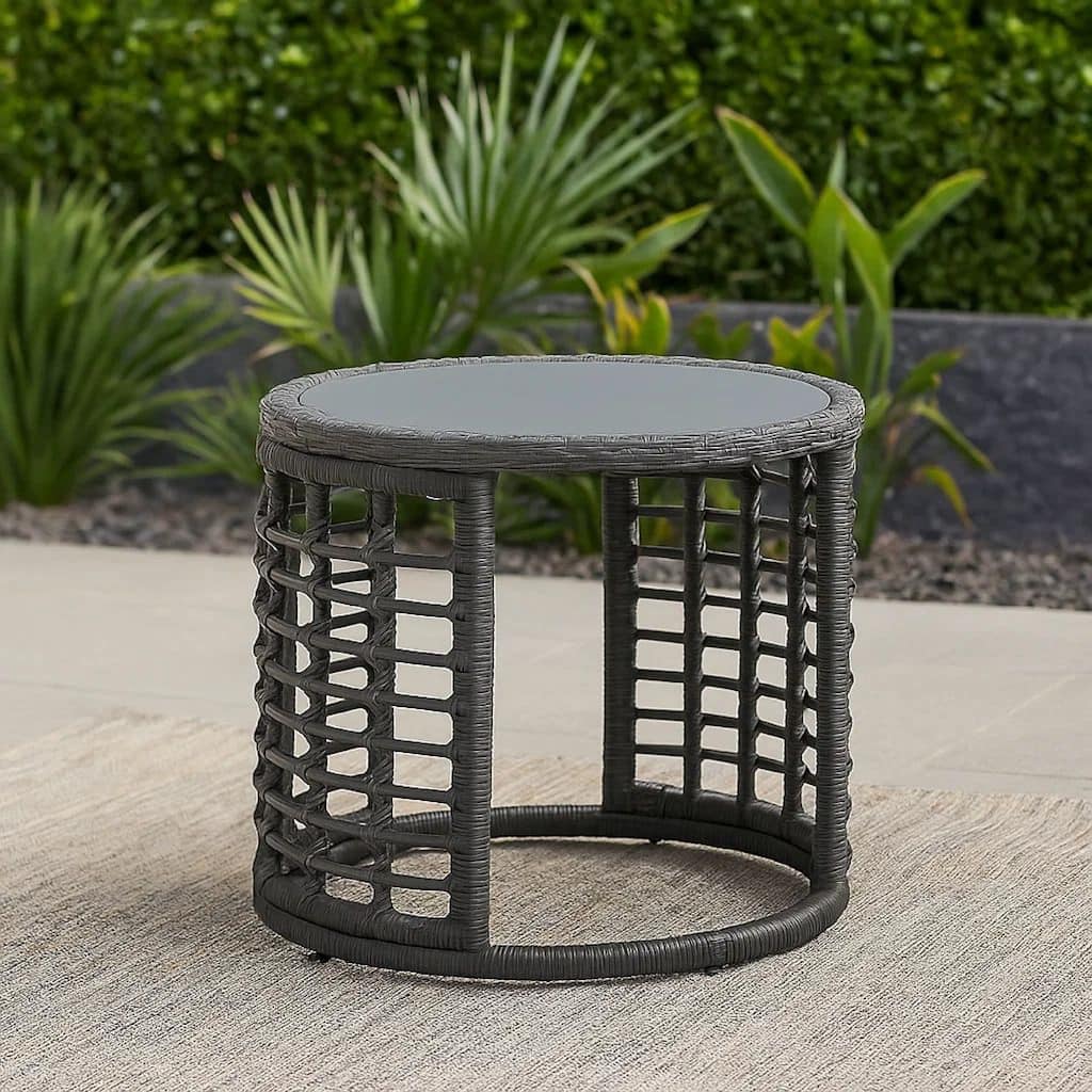 Outdoor Round Side End Table with Woven Accents, 18 Inch, Gray Rattan