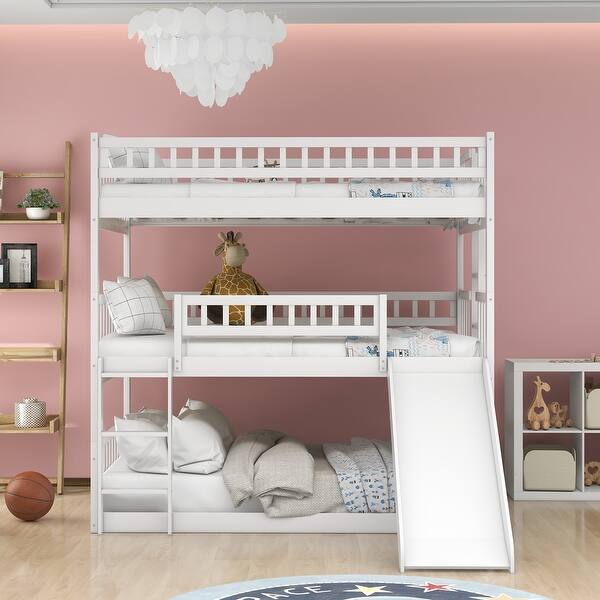 slide 2 of 29, Space-Saving Triple Bunk Bed with Ladder, Slide & Guardrails White