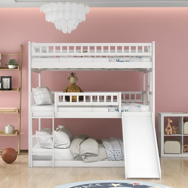 slide 2 of 32, Triple Bed with Built-in Ladder and Slide , Triple Bunk Bed with Guardrails White - Full