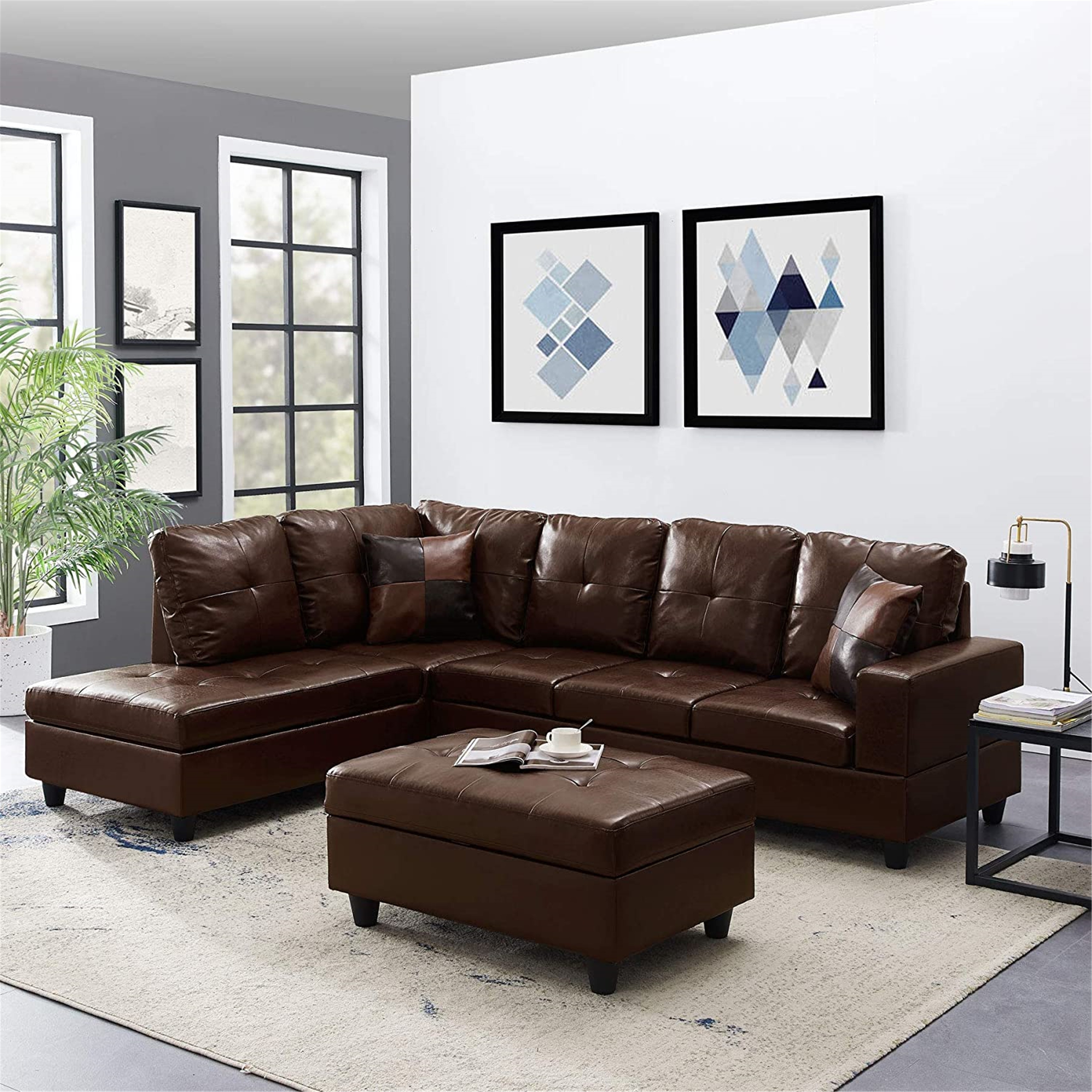 Shop Faux Leather Sectional Sofa With Storage Ottoman For Living