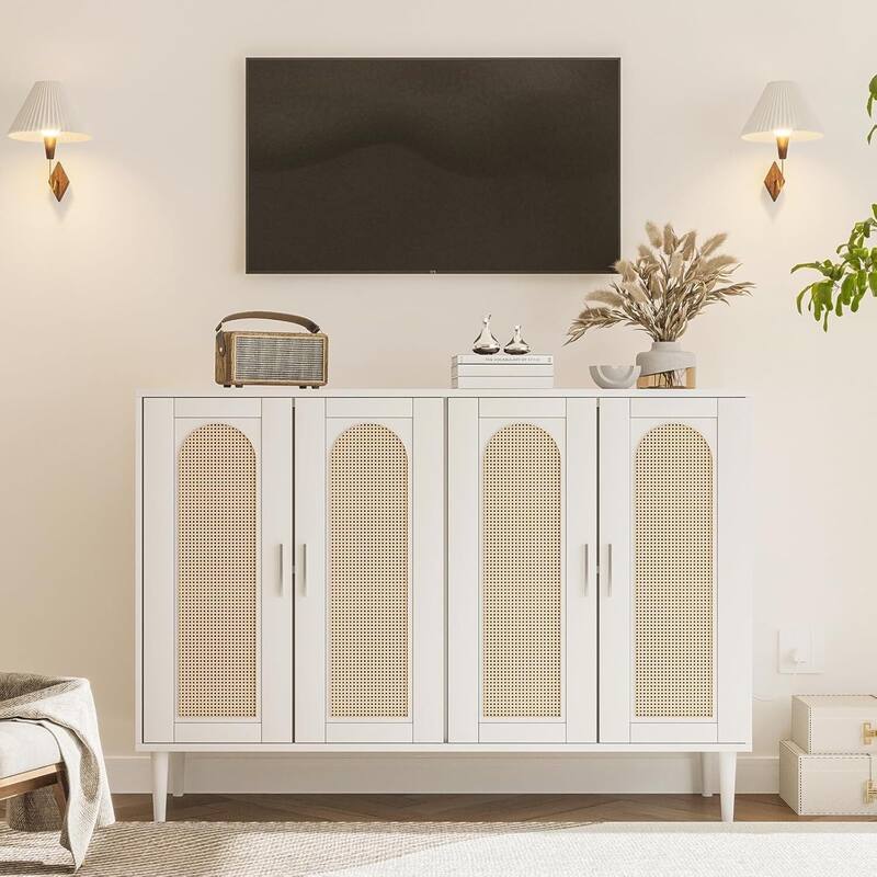 Rattan Sideboard Buffet Cabinet With Power Outlet, BOHO Wooden Side board With 4 Doors