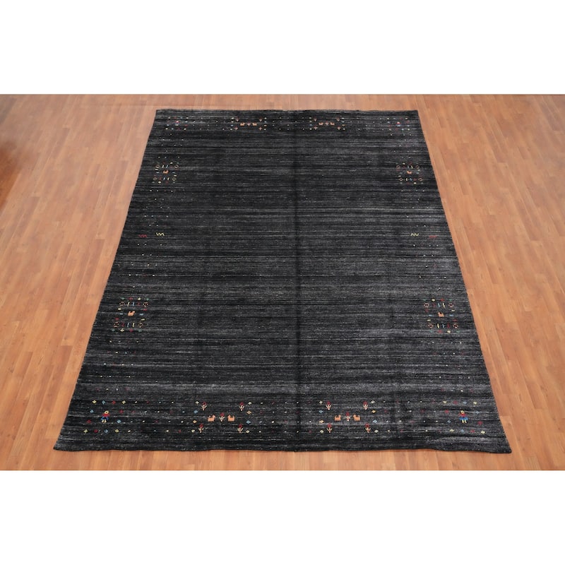 Hand Knotted Oriental Viscose Silk Carpet Tribal Animal Pictorial Greys & Charcoal Gabbeh Area Rug - 11' 8'' X 8' 9''