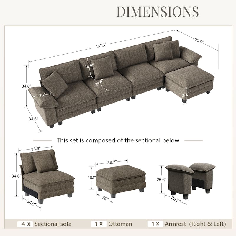 MAISON ARTS Modular Cloud Sectional Sofa, Comfy L- or U-Shaped Couch with Ottomans & Pillows, 4–6 Seat Living Room Sofa