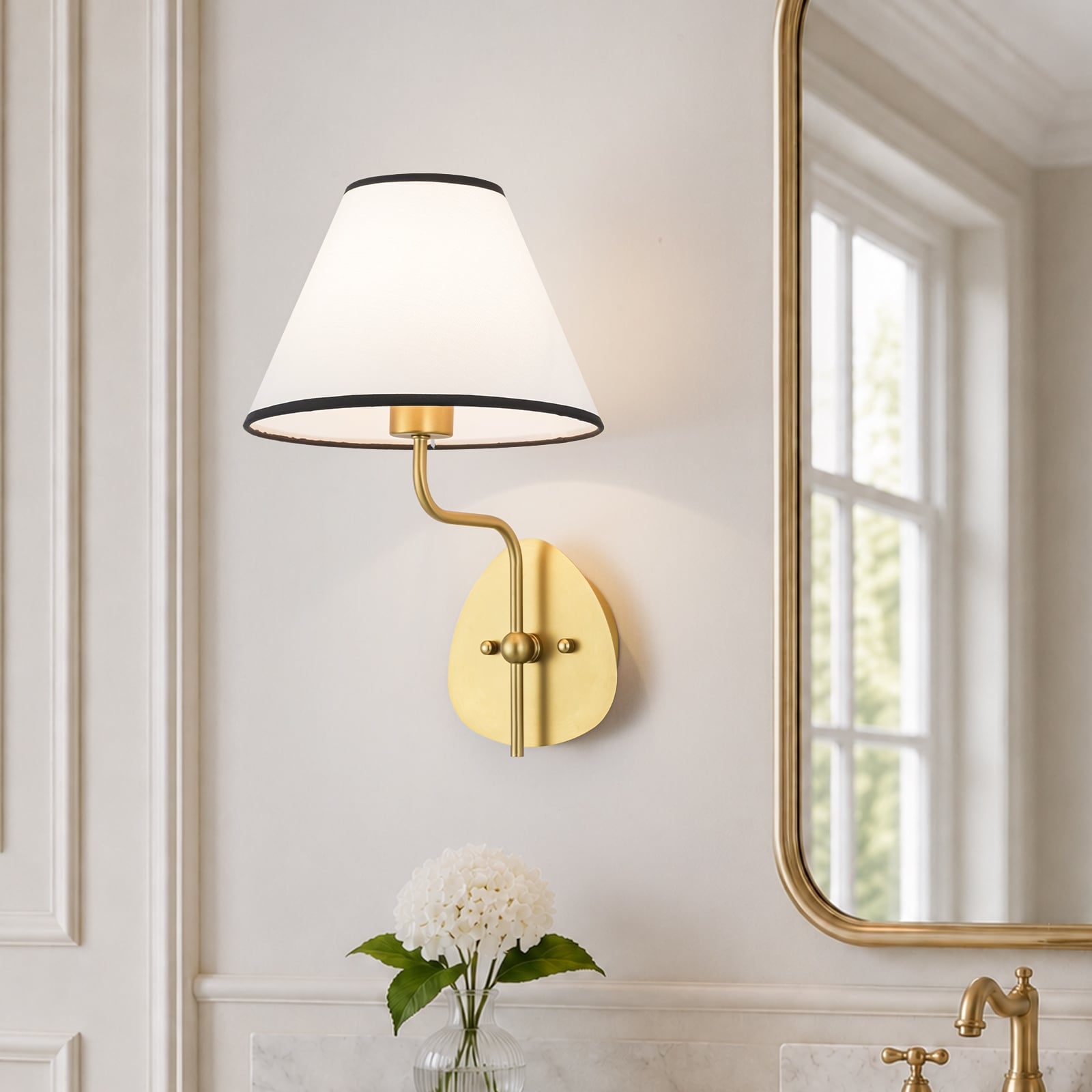 Modern Transitional Gold Wall Sconce with White Linen Shades