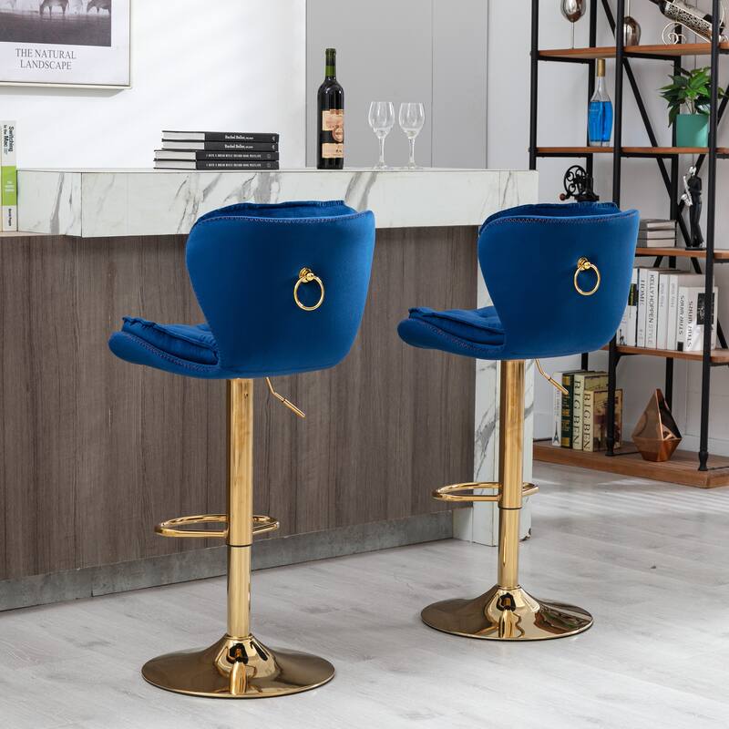 2 Velvet Bar Stools with Chrome Footrest and Base Swivel Height Adjustable - N/A