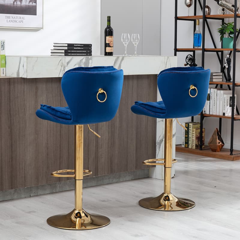 Swivel Height Adjustable Velvet Bar Stools Set of 2,with Golden Footrest and Base