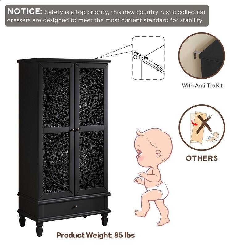 Rustic 55" Tall Storage Cabinet with Drawer, Decorative Carved Wood Accent for Living Room or Dining Area