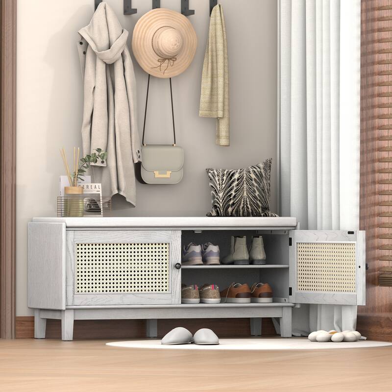Rattan Entryway Bench with Storage, Cushioned Shoe Bench with Double Doors, Wooden Shoe Organizer Bench for Entryway