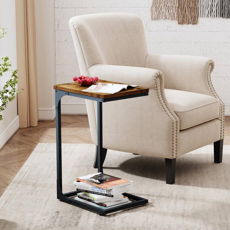 C Table Side Table Set of 2 Living Room Sets C Shaped Couch Tray End Tables Farmhouse, Rustic Brown (017-30BN)