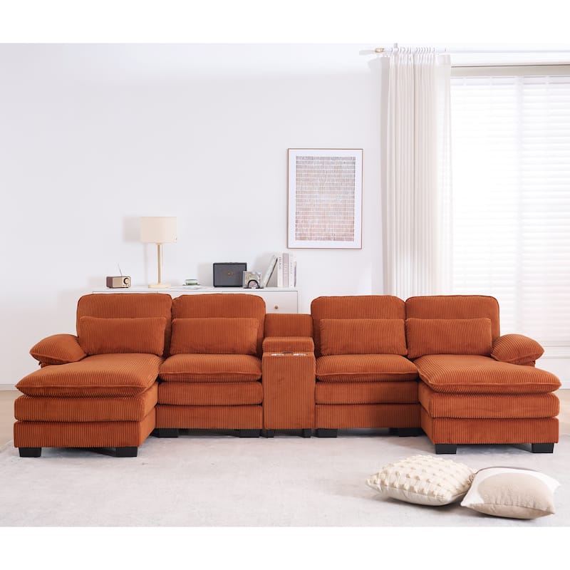 124" Modern Modular Sofa with Double Recliner and USB Port with Center Console - Orange