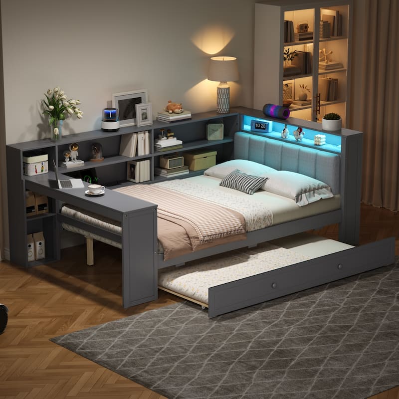 Daybed with Desk & Trundle Storage Bookcase Daybed with Socket and LED - Grey/ Trundle - Full