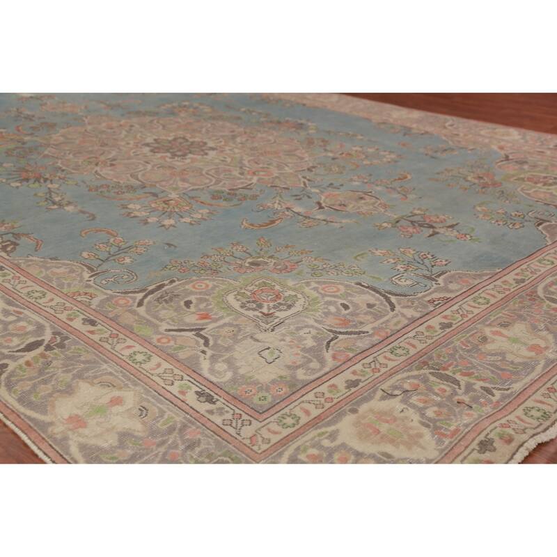 Light Blue Medallion Tabriz Persian Vintage Rug Handmade Wool Carpet - 9'2" x 12'5"
