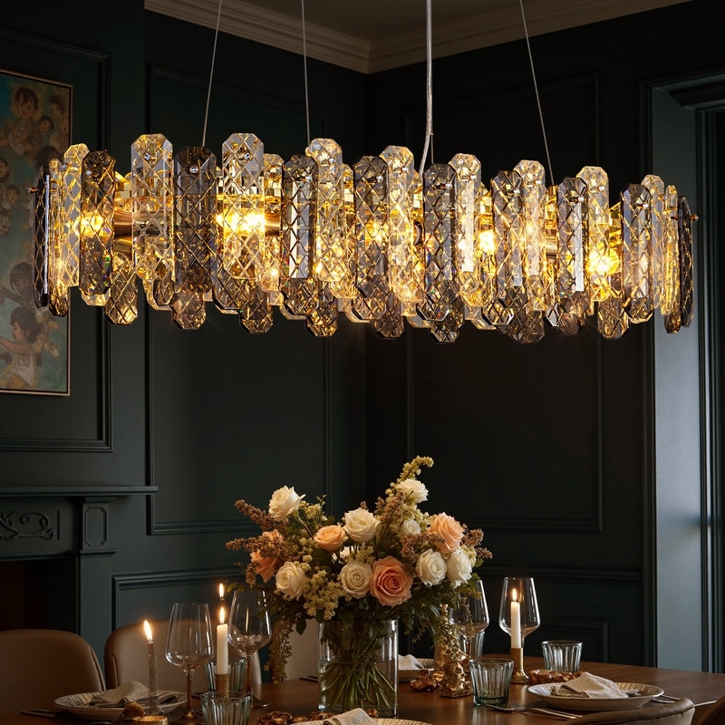 36in. Modern Luxury 2-Tone Rectangle Crystal Pendant Lights 10-Light Crystal Chandelier for Dining Room&Kitchen Island