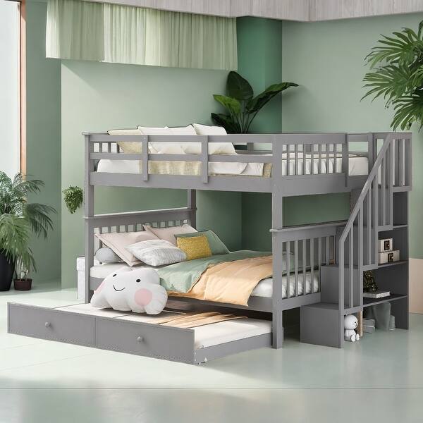slide 2 of 16, Stairway Full-Over-Full Bunk Bed with Twin size Trundle, Storage and Guard Rail for Bedroom, Dorm, Maximized Space, Grey Grey