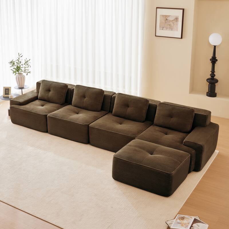 L-Shaped Sectional Couch with Ottoman, Oversized Modular Corduroy Sofa - Brown