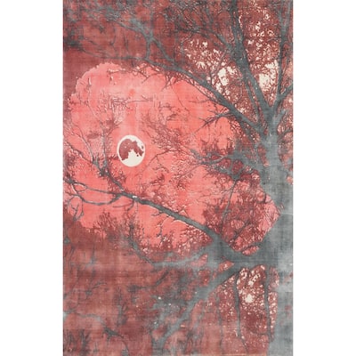 Hand Knotted Oriental Viscose Silk Carpet Modern Pictorial Pink Abstract Area Rug - 7' 2'' X 5' 3''