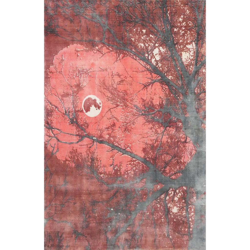 Hand Knotted Oriental Viscose Silk Carpet Modern Pictorial Pink Abstract Area Rug - 7' 2'' X 5' 3''