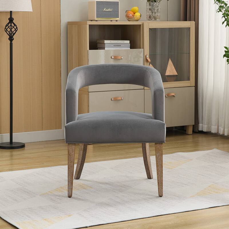 25.79" Modern Barrel Open Back Upholstered Dining Chairs w/ Weathered Solid Wood Legs Accent Chair - Beige Velvet