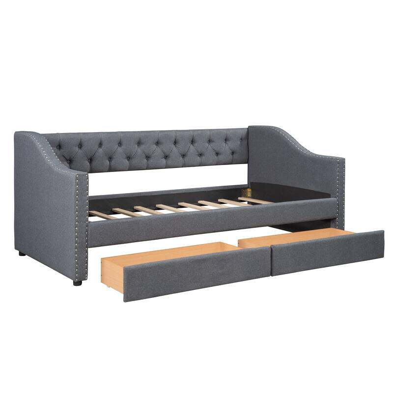 Elegant Upholstered Twin Daybed with Two Storage Drawers for Bedroom, Guest Rooms, Linen Fabric