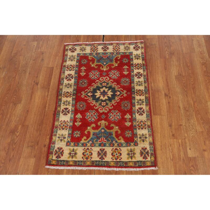Geometric Red Kazak Oriental Foyer Rug Hand-Knotted Wool Carpet - 2'0" x 3'0"