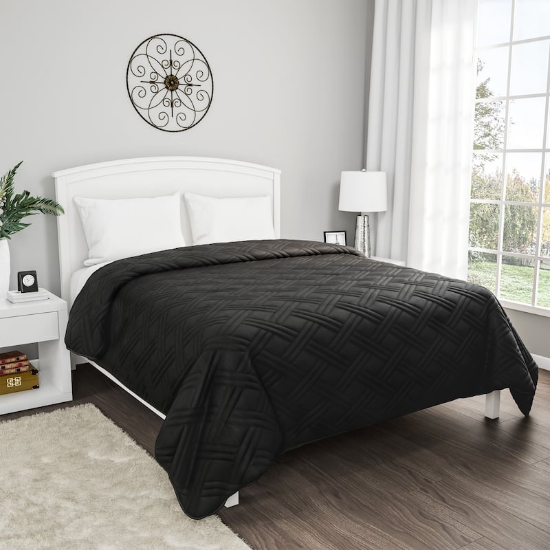 Quilt Coverlet - All-Season Washable Bedspread - Basket-Weave Polyester Bedding with Quilted Pattern by Windsor Home - King - Black