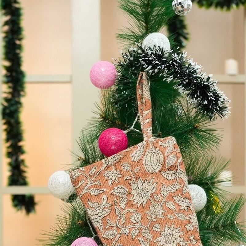 Fabdivine Handmade Floral Christmas Stockings Linen Block Print Décor - 10"X4.5"