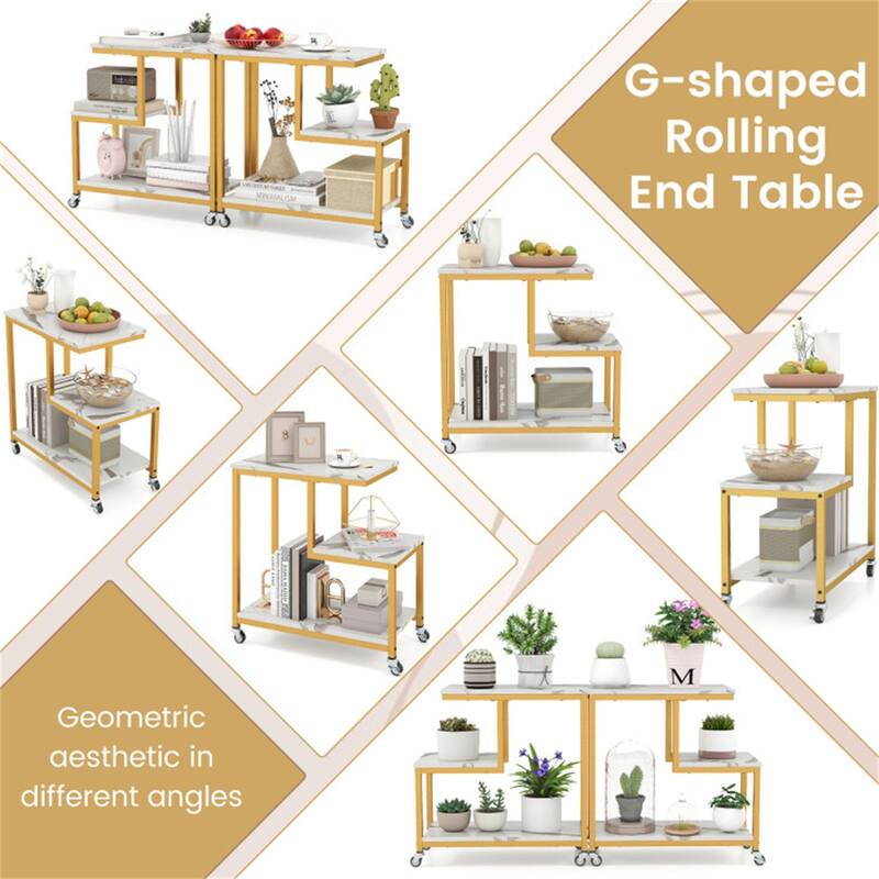 Engineered Wood and Metal G Shaped Side Table with Casters - 23" x 12" x 24"