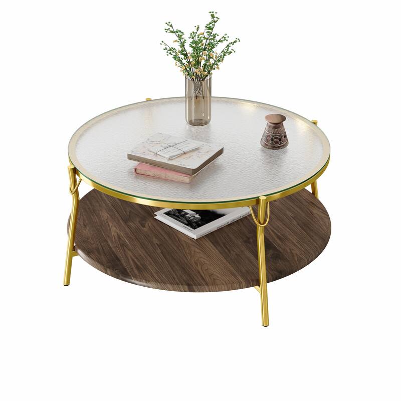 29.9" Modern Round Walnut 2-Tier Coffee Table with Glass Top and Gold Base