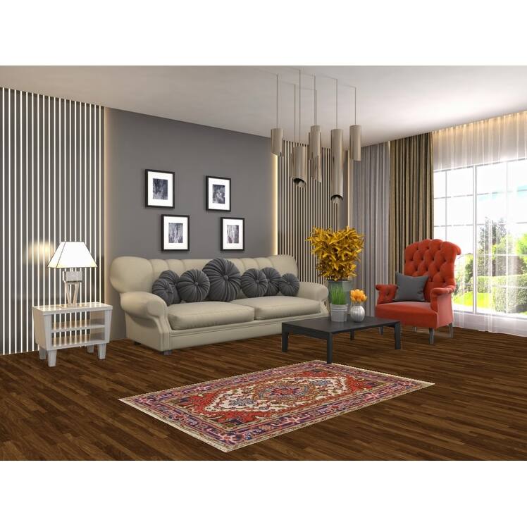 Ivory Geometric Heriz Serapi Indian Foyer Rug Handmade Wool Carpet - 3'0"x 4'11"