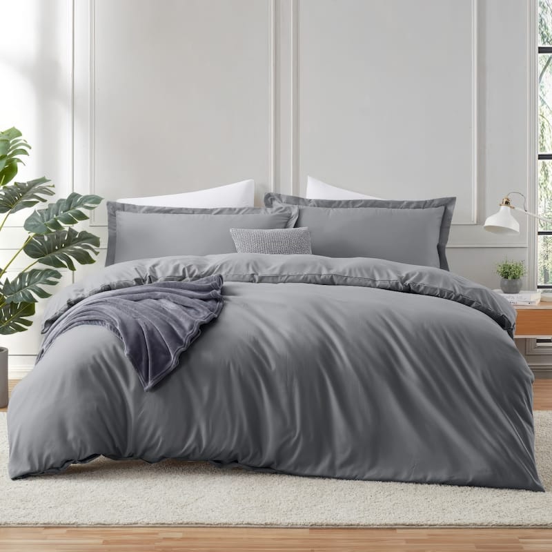 Emperyan Duvet Cover With Fitted Sheet Soft Double Brushed Bedding Set - Grey - Twin