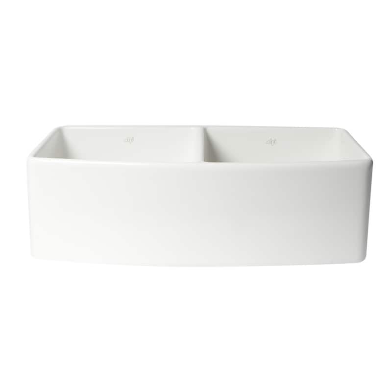 ALFI Brand White Smooth Curved Apron 33" x 20" Double Bowl Fireclay Farm Sink with Grid
