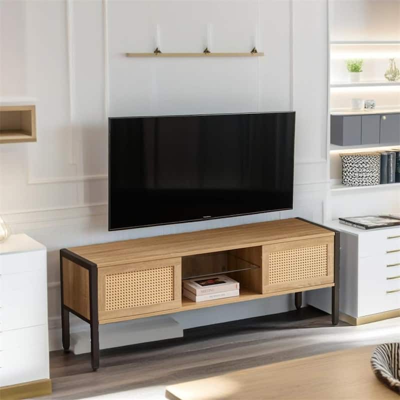 Rattan Tv Cabinet w/Variable Color Light Strip,Double Sliding Doors