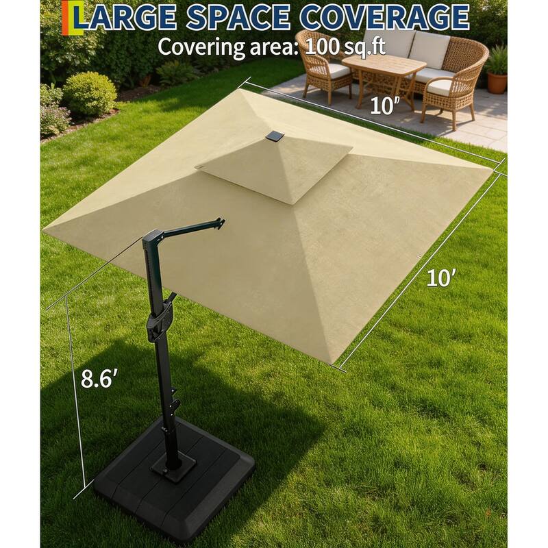10x10Ft Square Solar LED Cantilever Umbrella , with Weighted Base