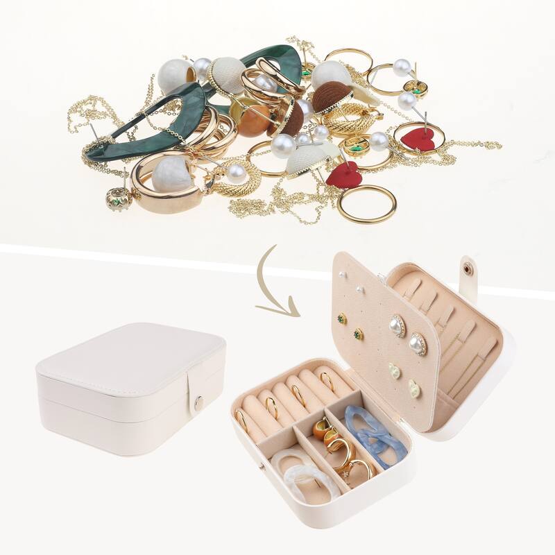Travel Jewelry Box for Women Gifts, Portable PU Leather Jewelry Organizer Storage Display Holder for Earring Necklace - White
