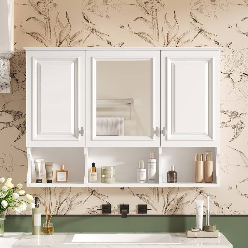 41 Inch Mirror Medicine Cabinet with Open Shelves - White