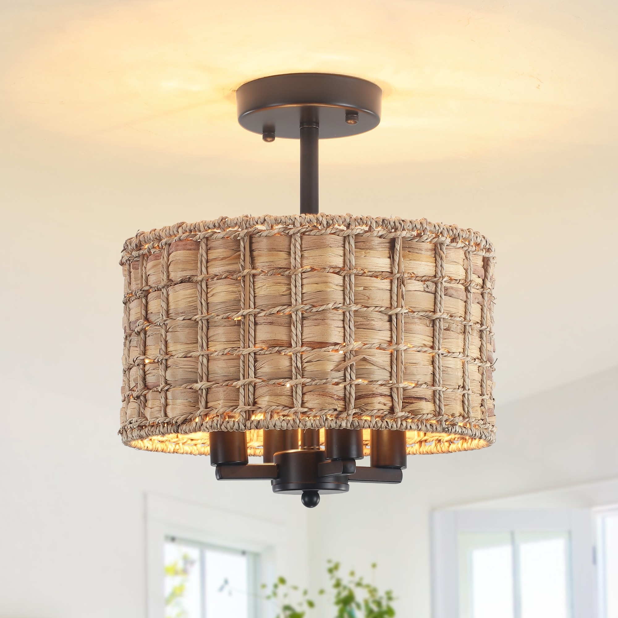 11.81-Inch Wide 4-Light Bohemian Style Handwoven Semi Flush Mount Chandelier- Rustic Hemp Rope Weaving Pendant Light