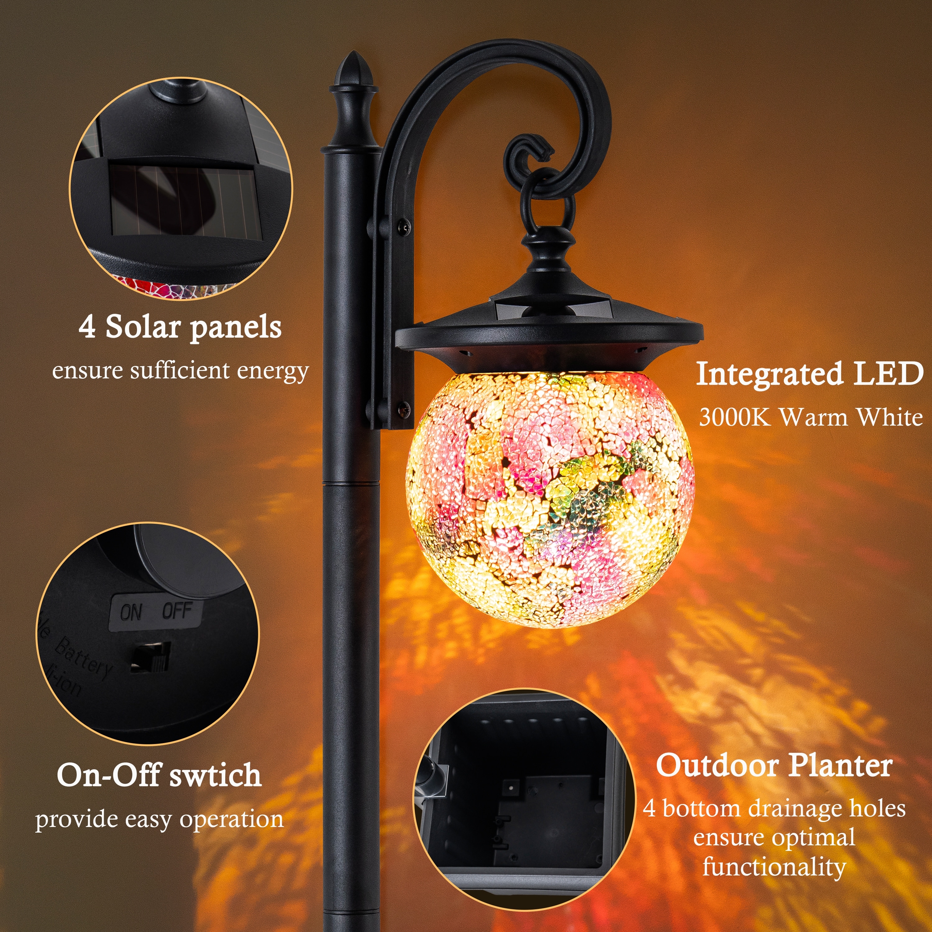 C Cattleya Solar LED Outdoor Post Light with Planter and Mosaic