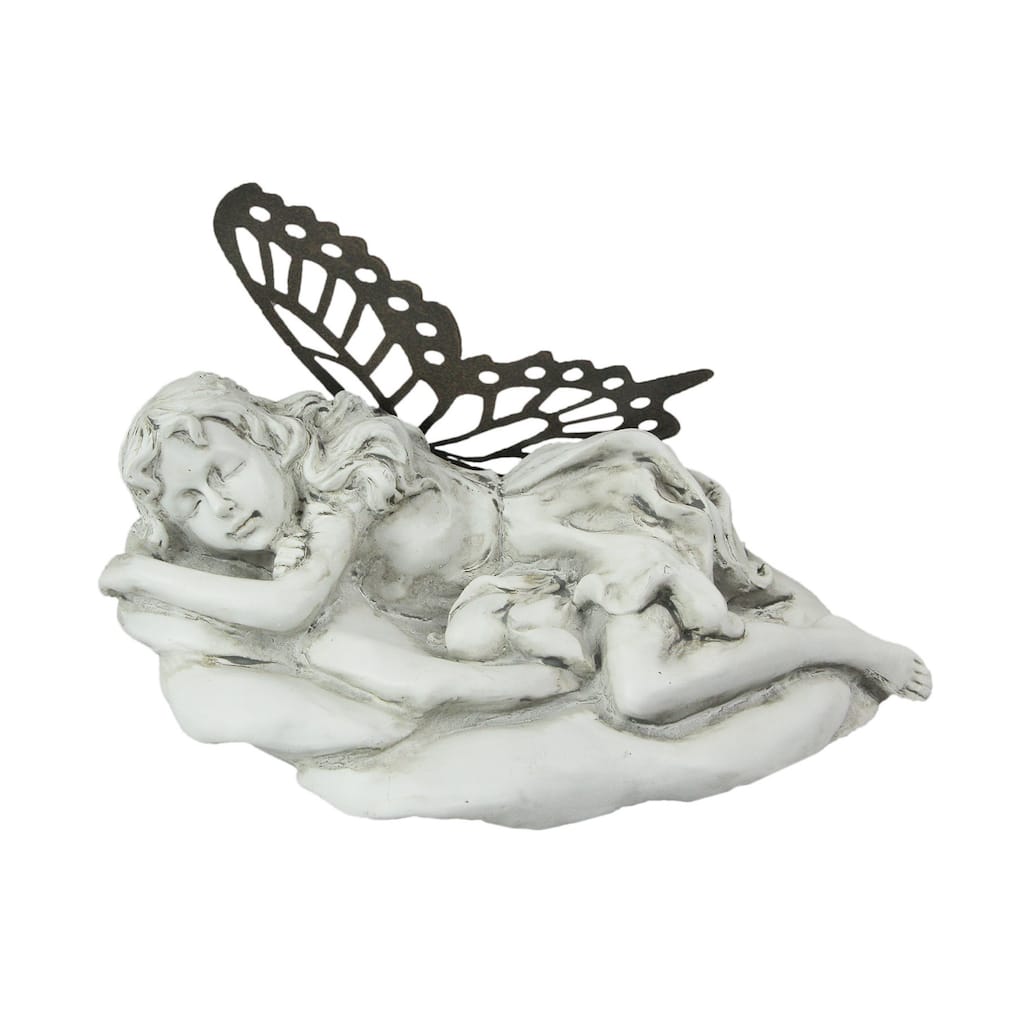 White Sleeping Fairy Indoor / Outdoor Statue With Rustic Metal Wings - 6.25 X 9 X 6.75 inches