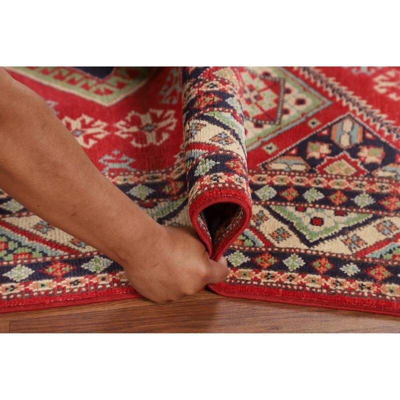 Geometric Kazak Area Rug Hand-Knotted Oriental Wool Carpet - 4'10" x 6'6"