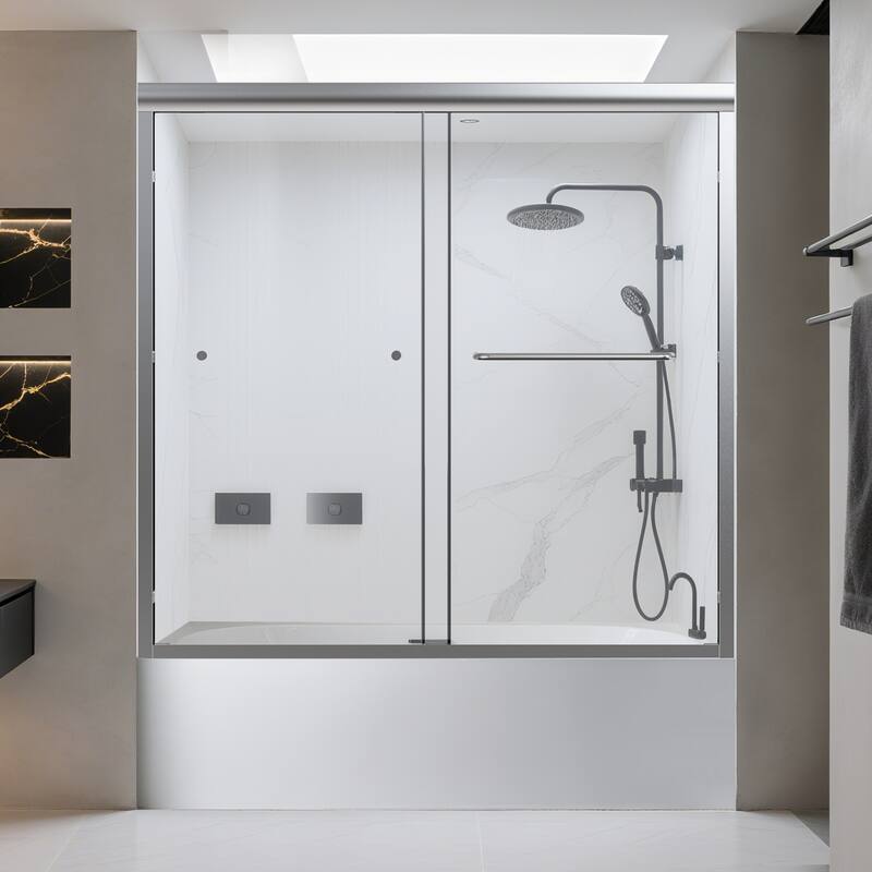 56-60" Semi-Frameless Double Sliding Tub Door, 6mm Tempered Glass Bypass Bathtub Shower Enclosure - 60x58" - Chrome