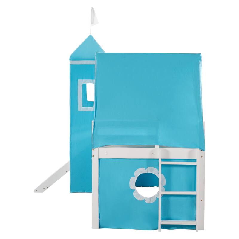 Twin Size Cute Solid Wood House Loft Bed with Slide, Tent, and Tower for Bedroom