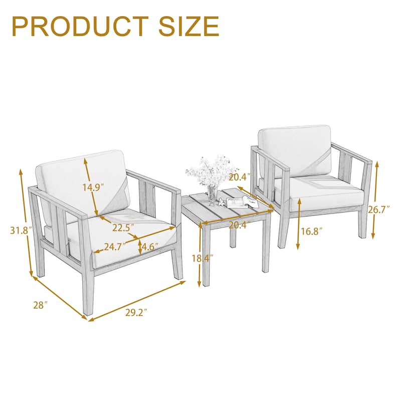 Teak Wood Upholstery Water-resistant Outdoor Armchair and Side Table Set (Set of 3)
