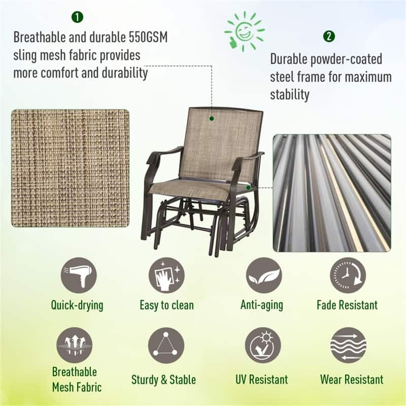 3 Piece Outdoor Glider Chair Set with Tempered Glass Table Powder Coated Steel Frame Breathable Mesh Seating