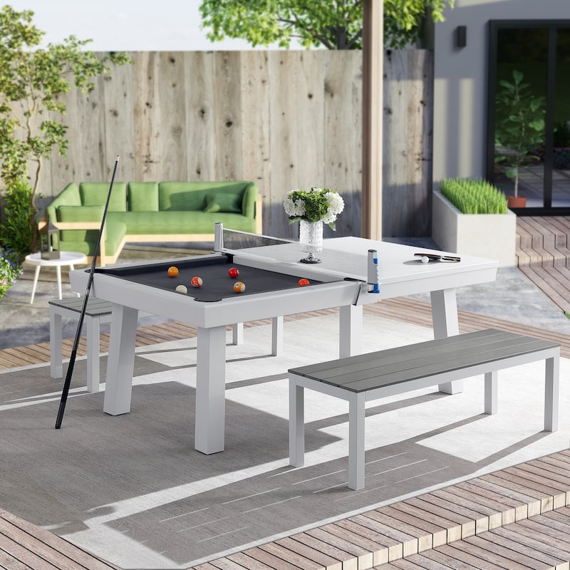 Laguna Indoor/Outdoor 7ft Slate Pool Table Dining Set with 2 Benches & Accessories, White Finish