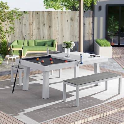 Newport Outdoor Patio 7ft Slate Pool Table Dining Set with 2 Benches & Accessories, White Finish - N/A