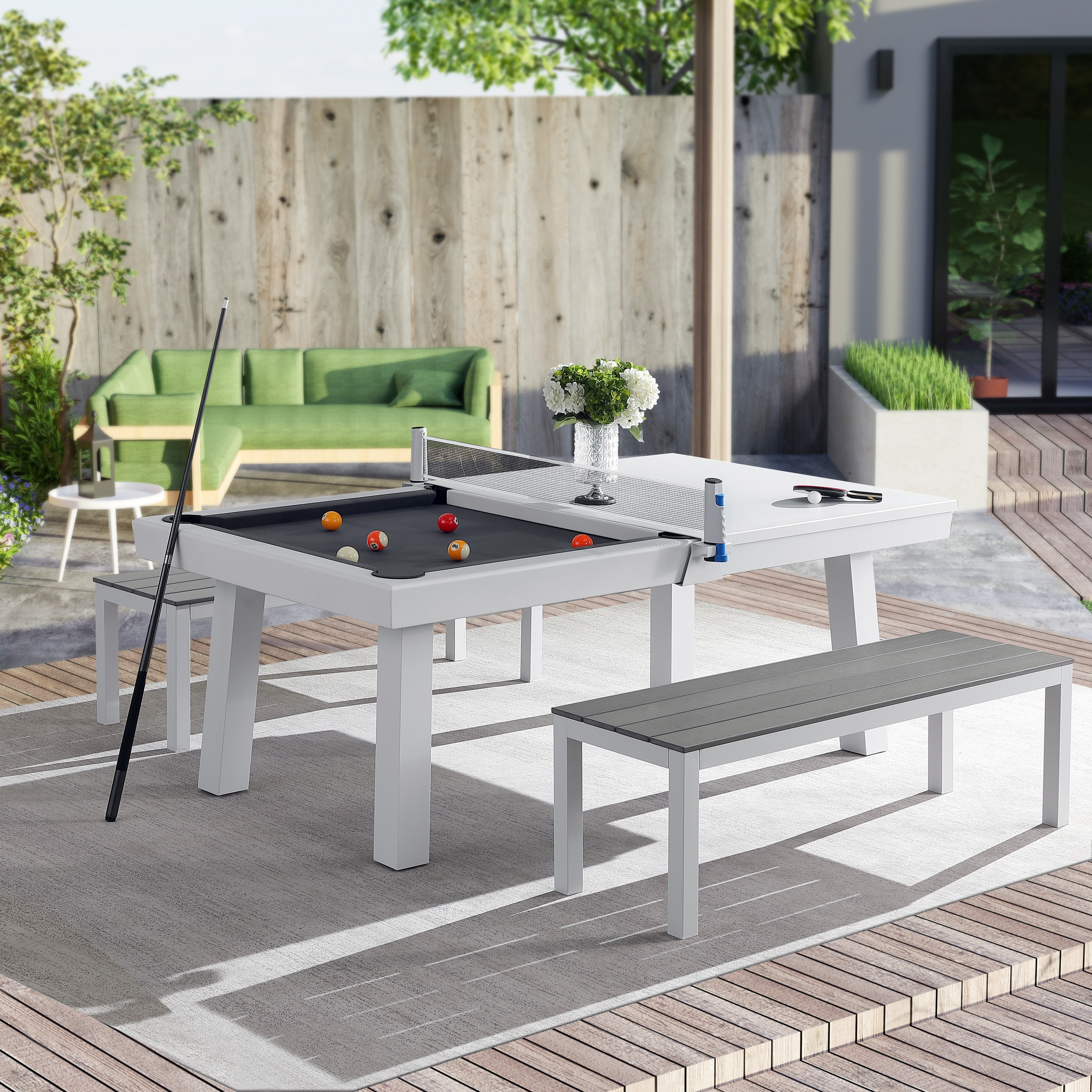 Newport Outdoor Patio 7ft Slate Pool Table Dining Set with 2 Benches & Accessories, White Finish