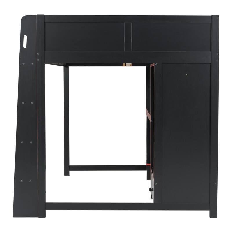 Twin/Full Size Gaming Bed with Built-in Desk & LED Light, E-Sports Style Wood Loft Bed with Open Wardrobe & Drawer