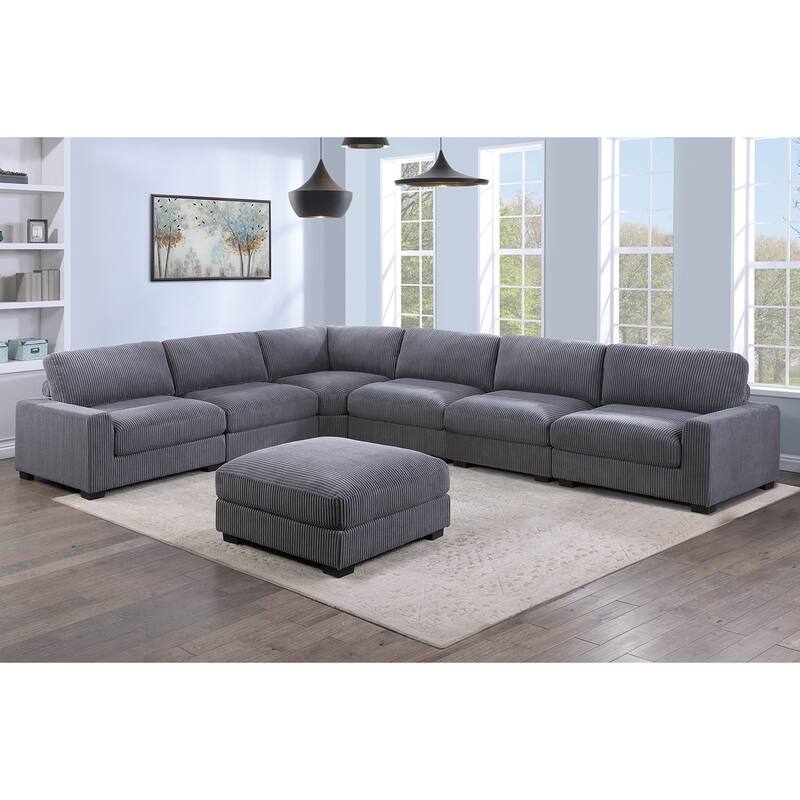 7 Piece Corduroy Upholstered L-shape Modular Sectional Sofa with Ottoman
