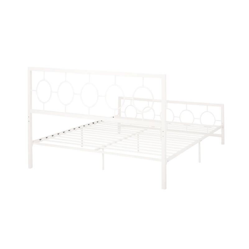 Roomfitters King Size Metal Platform Bed Frame with Headboard and Footboard, Modern Circle Design, White