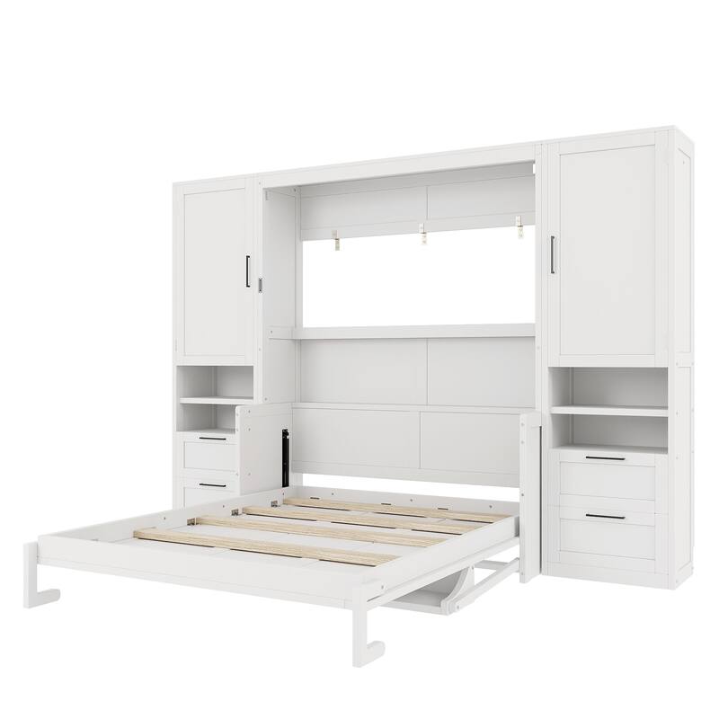 Queen Size Wall Bed with Closet, Drawers, and Shelves in White